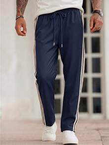 Men's Spring/Summer Casual Commute Pants, Breathable Striped Drawstring Long Pants, Slim Fit Natural Waist Outdoor Running Sports Pants - Navy Blue - View 4
