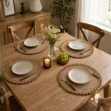 4pcs Bohemian Style Beige Linen Placemats, Round Crochet Edge Heat-Resistant Table Mats, Suitable For Home And Party - Multicolor - View 6