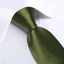 Full Plain Solid Army Green Necktie Pocket Square Cufflinks Tie Clip Complete Styling Pack For Country Fair Formal Hour - Army Green - View 2