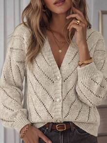 Women Autumn Casual Vintage Hollow Knitted Cardigan Top Back To SchoolSweater, With A Simple And Casual Style Suitable For Vacation And Date Wear. - Camel - View 4