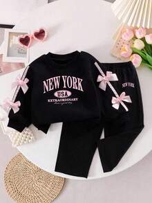 Baby Girl Letter Pattern Ribbon Bow Decor Round Neck Long Sleeve Top And Pants - Black - View 1