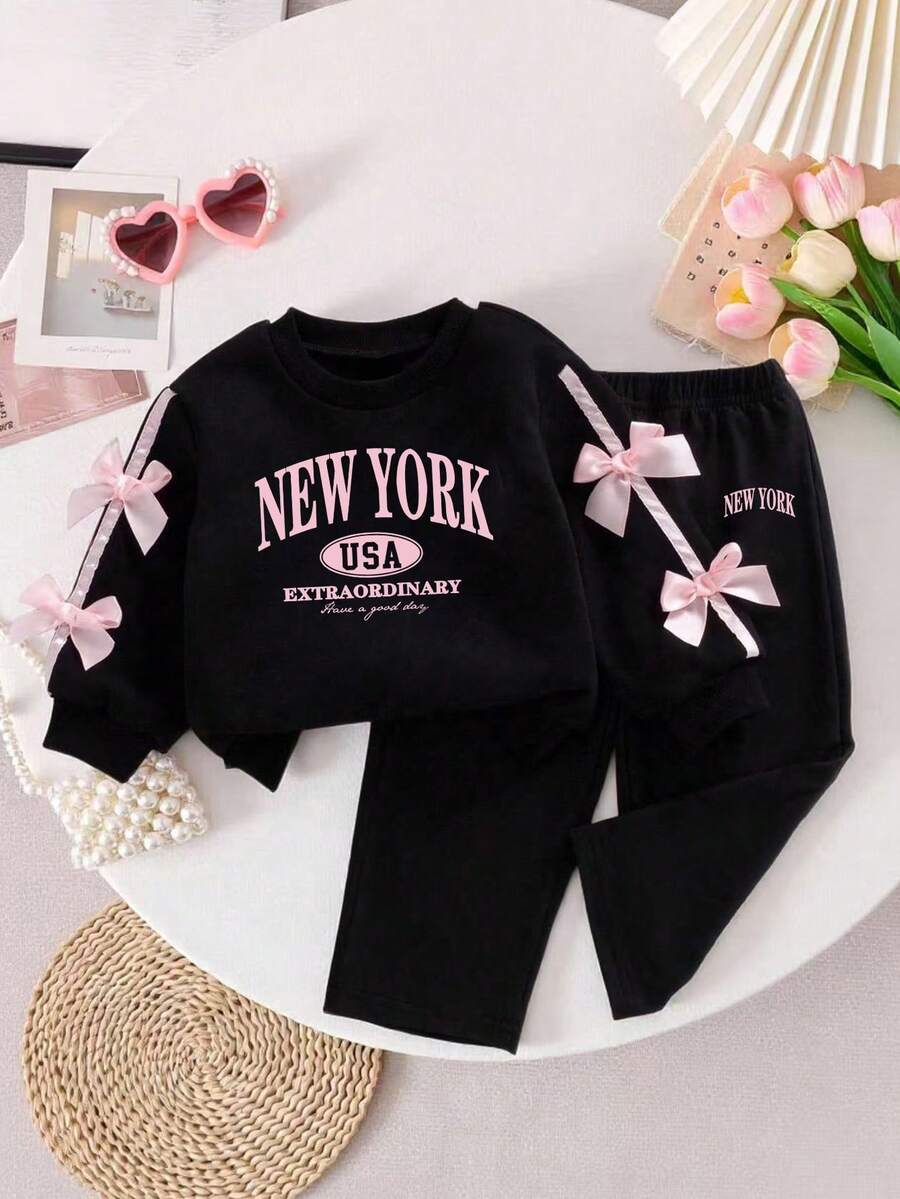 Baby Girl Letter Pattern Ribbon Bow Decor Round Neck Long Sleeve Top And Pants - Black - View 1