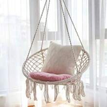 Boho Style Rope Hammock With Ruffle Tassels, Creamy Black Colours, For Indoor And Outdoor Use, Ideal For Bedroom, Balcony, Garden And Terrace, With Soft Cushion - A - View 11