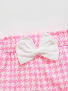 3pcs/Set, Baby Girl, Soft & Comfortable, Casual Cute Elegant, "Daddy's Little Princess" Letter Slogan Ruffle Short Sleeve Bodysuit And Bow Decor Houndstooth Shorts And Headband, Baby Girl Clothing, Infant Clothing, Newborn Baby Girl Clothing, Girl Clothing Set, Suitable For Daily, Party, Vacation, Outdoor Activities - Pink - View 9