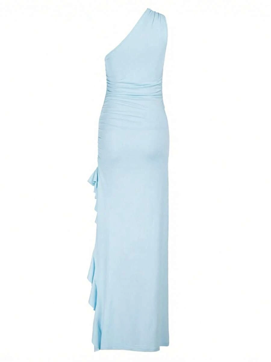 Women's Solid Color One-Shoulder Ruffle Hem Slit Dress, Suitable For Date, Gathering, Party, Vacation, Beach - Baby Blue - View 1