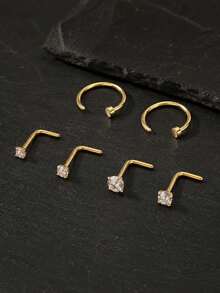 4PCS/6PCS Stainless Steel Claw Set Zirconia Nose Studs Nose Rings L-Shaped Mini Nose Studs Facial Decoration Piercing Jewelry - Multicolor - View 2