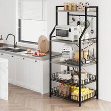 5-Tier Industrial Bakers Rack For Kitchen Organization - Microwave Oven Stand With 2 Large Wire Baskets, 8 Hooks, Utility Storage Shelf, Coffee Bar Station - Black - View 8