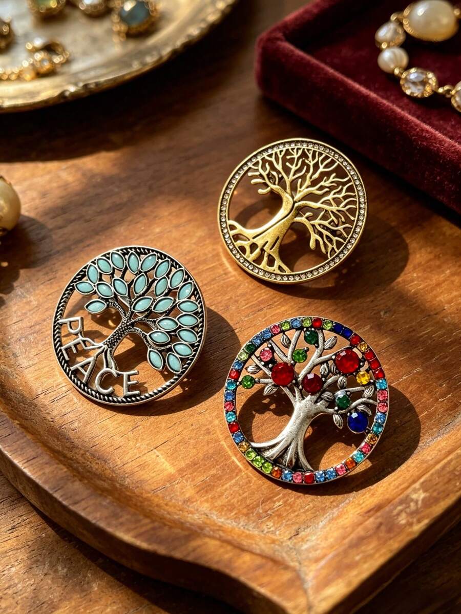 復古生命之樹水鑽胸針,鏤空和平之樹造型領飾針,適合送禮給家人與朋友 - 生命樹 - 查看 1