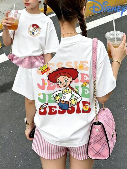 Kids And Teens Graduation Season Outfits, Girls' Cotton T-Shirts, Short Sleeves For Boys And Girls, Disney Toy Story Cowboy Girl Cartoon Print
