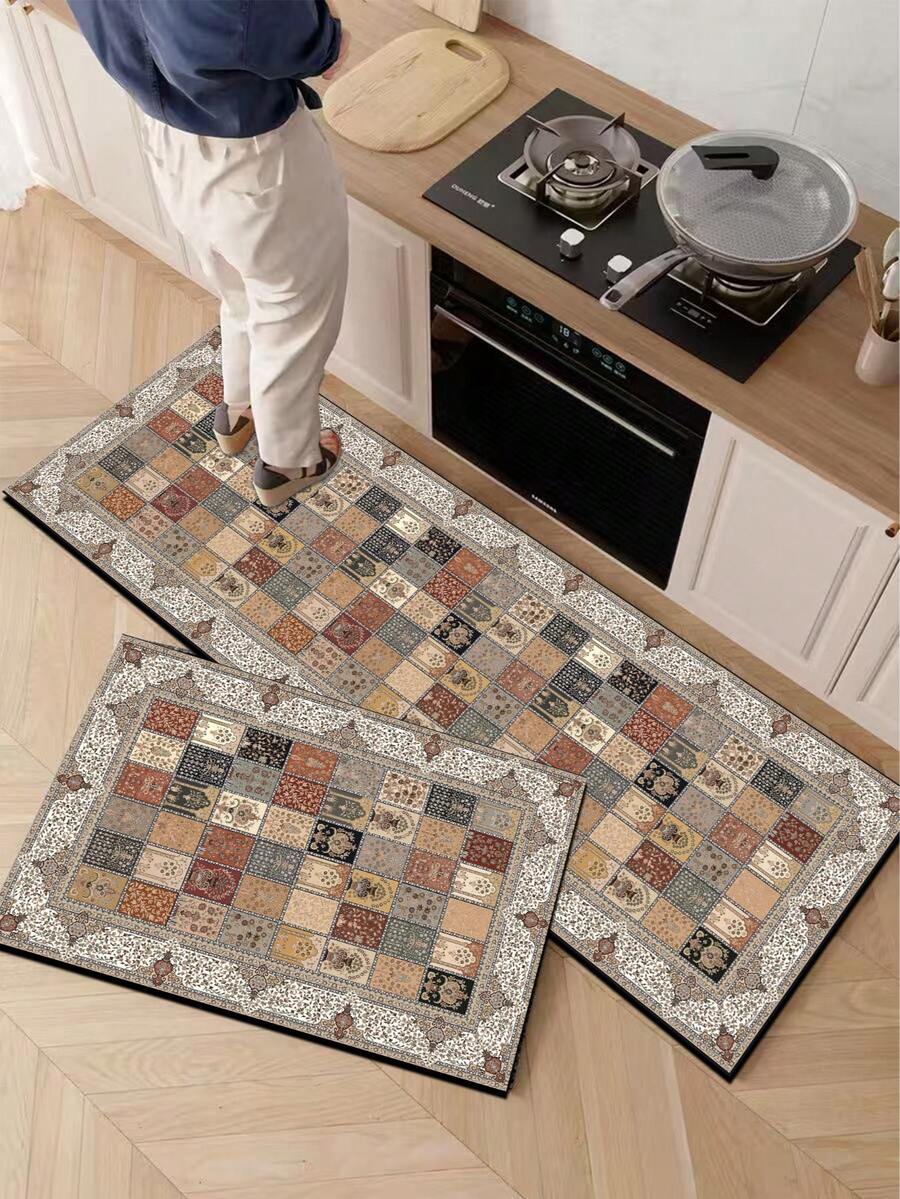1pc Moroccan Vintage Floral Plaid Diatomaceous Earth Kitchen Mat, Rubber Bottom Anti-Slip Stain-Resistant, 3.5mm Trimmable, Suitable For Kitchen, Bathroom, Entryway, Laundry Room Floor Mat, Fits Home Decor - Multicolor - View 1