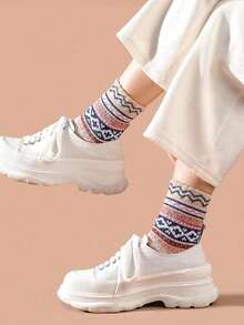 5pairs/1pair Women's Warm Mid-Calf Socks, Vintage Thick Knit Socks - Multicolor - View 6