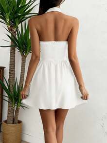 Women Fall White Halter Mini Dress,Square Neck Backless Flared Skirt For Back To School Vacation Birthday Going Out - White - View 2