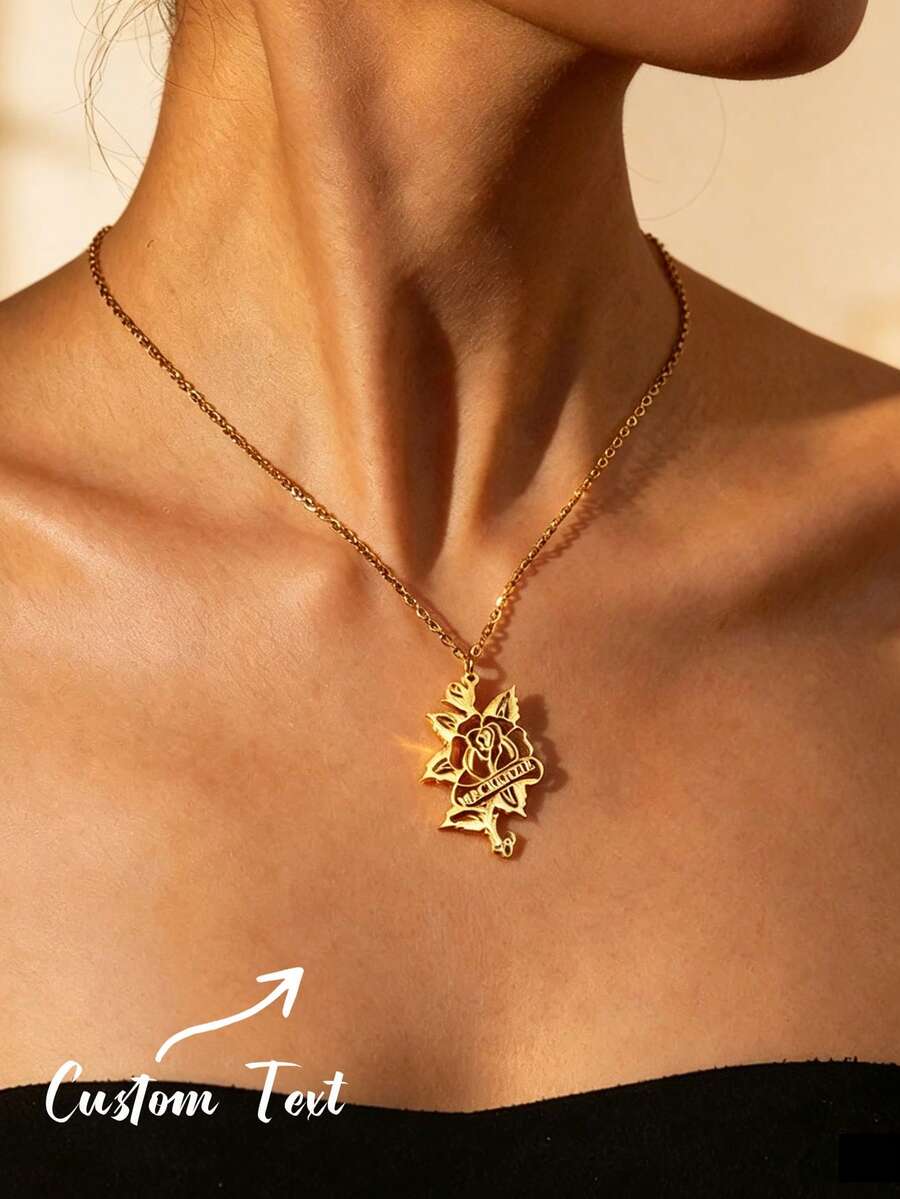 Hollow Rose Custom Name Necklace For Women 18K Gold Plated Stainless Steel Necklaces Personalized Flora Jewelry Birthday Gifts Female Daily Wear - Multicolor - View 1