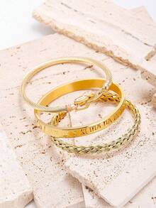 3pcs/Set Large European And American Fashion Classic Roman Numeral Bracelet, Suitable For Girls Street Party, Back To School Season Daily Decoration Jewelry Gift - Gold - View 3