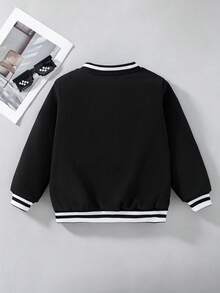 Boys' Casual Fashion Black & White Contrast Color Loose Baseball Collar Thermal Lined Jacket, Autumn/Winter - Black - View 3