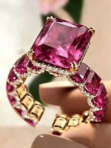 1pc Rose Gold Open Ring With Full Rhinestones And Ruby Gemstone For Women - Hot Pink - View 2