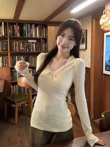 Women's Knitted V-Neck Long Sleeve Lace Base Layer Top, Korean Style, Early Spring Outfit - Apricot - View 2