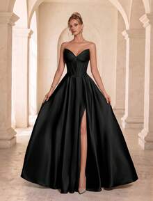 VIPGIRL Women's Solid Color Strapless Slit Pleated Elegant Cinched Waist Evening Dress - Black - View 7
