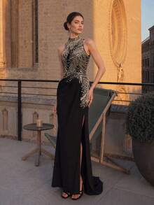 VIPGIRL Women's Elegant Alluring Black Long Formal Evening Dress, Sleeveless, Decorated, Slit Design Wedding Party Fall - Black - View 4