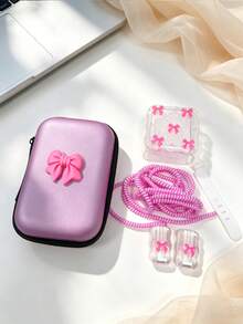 6pcs Pearl Bow Data Cable Protector Set With Bow Storage Bag, Compatible With Hard Shell CCD Camera, Earphones, Power Bank, Charging Cable Organizer, Glitter Bow Data Cable Protector, Wavy Cable Winder, Practical Daily Travel Accessories For Students, Multiple Colors Available - Multicolor - View 4