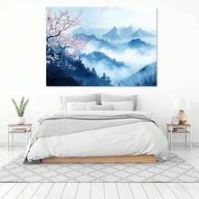 1Pc 2D Flat Misty Blue Mountain Pink Cherry Blossom Canvas Wall Art,Canvas Prints,Wall Decor,Wrapped Framed Canvas Print,Home Decor For Living Room,Bedroom,Study,Minimalist Oriental Landscape Art,Framed Ready To Hang - Framed - View 5