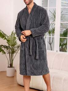 Plus Size Thickened Solid Color Men's Fleece Pajamas With Belt, Comfortable Loungewear Robe Bathrobe For Autumn/Winter - Grey - View 4