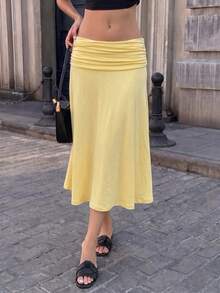 Vellofy Women's Autumn Light Yellow Ruched Mid-Waist Mermaid Long Skirt, Soft Flowy Long Skirt, Suitable For Cocktail Party Wear - Yellow - View 6