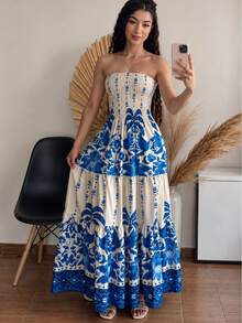 July Tropical Strapless Dress In Various Prints, 2025 Collection - Navy Blue - View 5