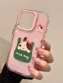 Cloth Bag Puppy Print Phone Case, Wavy Edge Transparent Shockproof Shell, Compatible With IPhone 15/14/13 All Models (Lanyard Not Included) - Pink - View 4