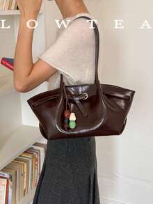 1pc Solid Color Glossy PU Fabric Shoulder Bag Women's Vintage Fashion Large Capacity Tote Bag With Strap Decor Magnetic Closure Handbag Double Handle Design Snap Closure Suitable For Travel, Shopping, Dating, Women's Gift, Suitable For Teenage Girls, College Students, Beginners And White Collar Workers, Perfect For Office, College, Work, Business, Commuting, Outdoor, Travel, Outing (Sold With Pendant) - Coffee - View 9