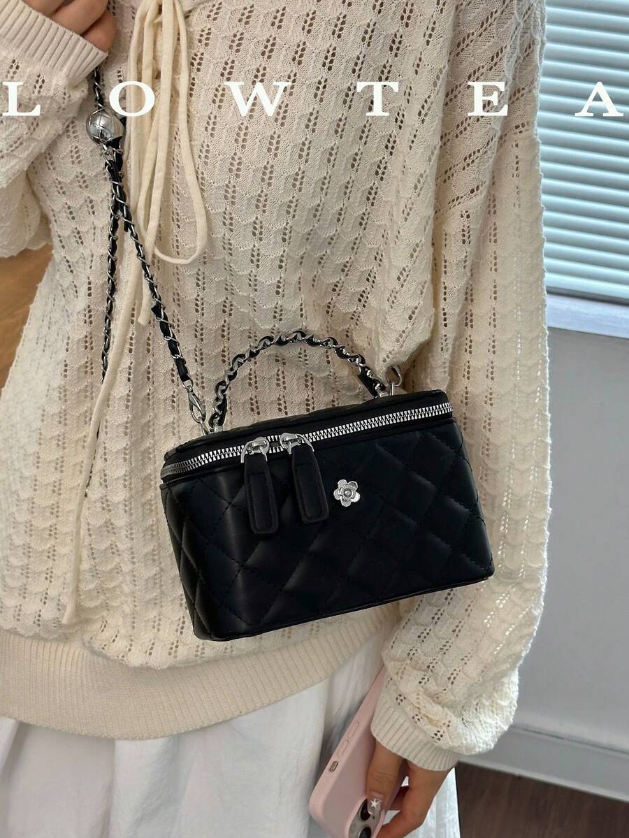 Low Tea 1pc Solid Color PU Fabric Handbag, Women's Fashion Mini Box-Shaped Handbag, Top Single Handle Design, Zipper Closure, Suitable For Travel, Shopping, Dating, Women's Gift, Perfect For Commuting, Outdoor, Travel, Outing