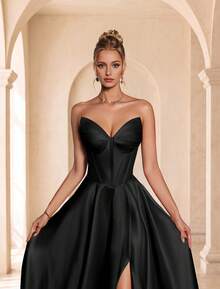 VIPGIRL Women's Solid Color Strapless Slit Pleated Elegant Cinched Waist Evening Dress - Black - View 6
