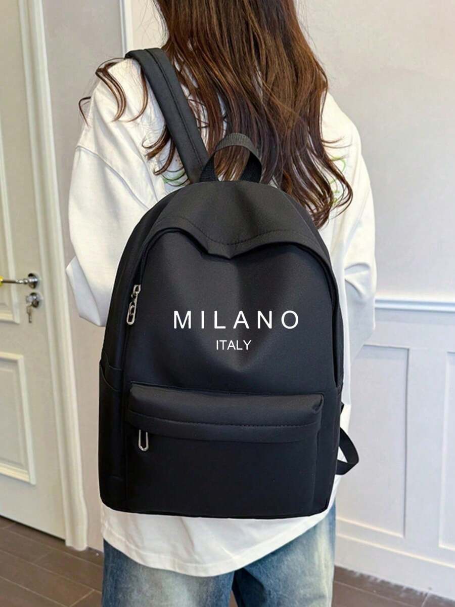 中性黑色純色尼龍 MILANO ITALY 字母印花背包,單個前拉鍊口袋,適合辦公室日常通勤校園,極簡中性風格 - 彩色 - 查看 1