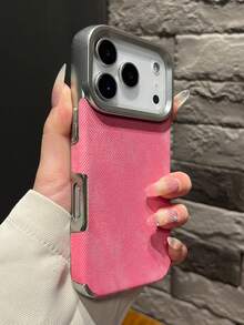 1件裝奢華牛仔布料軟電鍍防震保護殼，適用 17 Air 16 15 14 Plus 13 12 11 Pro Max，布料品牌防撞保護套 - 玫紅色 - 查看 3