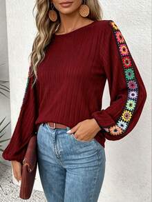 YI XUAN Women's Boho Embroidered Long Sleeve Blouse Round Neck Textured Shirt Colorful Floral Embroidery On Sleeve Casual Fall Daily Wear Tops - Redwood - View 6