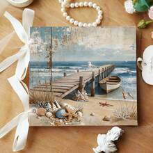 24 Sheets 6*6 Inch Mediterranean Vintage Seaside Scrapbook Decorative Paper, Aged Yellowed Texture Beach Starfish Shells Reeds Coast Sunset Starry Sky Old Letter Background Material Paper, Non-Repeating Seaside Vintage Craft Cardstock, Ocean Style Scrapbook, Vacation Greeting Card, Seaside Gift Box DIY Handmade - Square - View 8