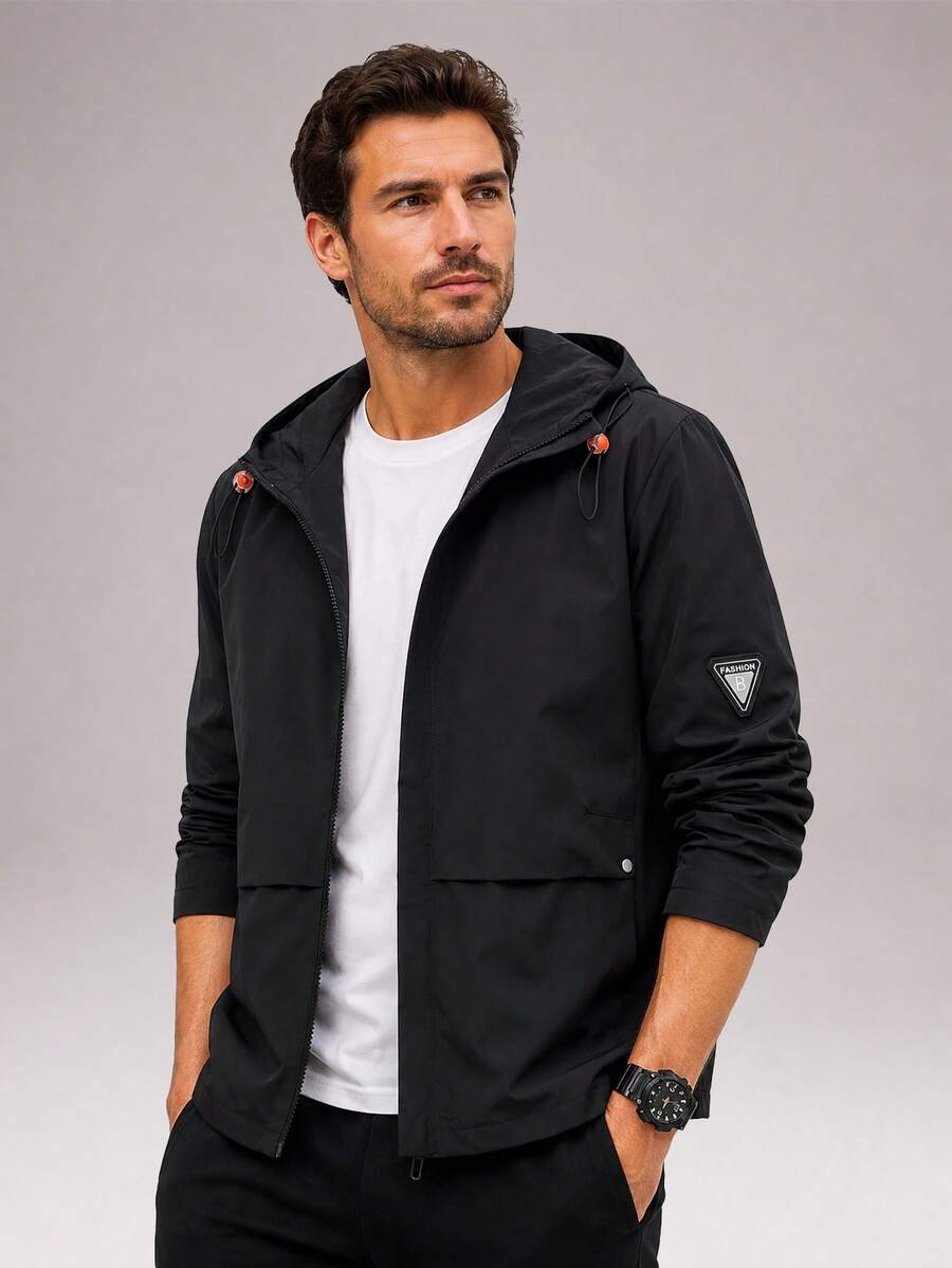 CZRLHYT Men's Solid Color Hooded Long Sleeve Outdoor Jacket, UV Protection Sports Outerwear, Suitable For Spring, Autumn And Winter - Black - View 1