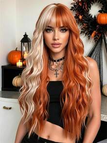 24 Inch Orange Blonde Ombre Highlight Wavy Wig With Air Bangs, Long Natural Curly Synthetic Hair Wig, High Temperature Resistant Glueless Design, Fashion Wigs For Women Daily Wear, Halloween Cosplay, Thanksgiving, Christmas Party & Holiday Gift - 亮橙色 - 查看 1