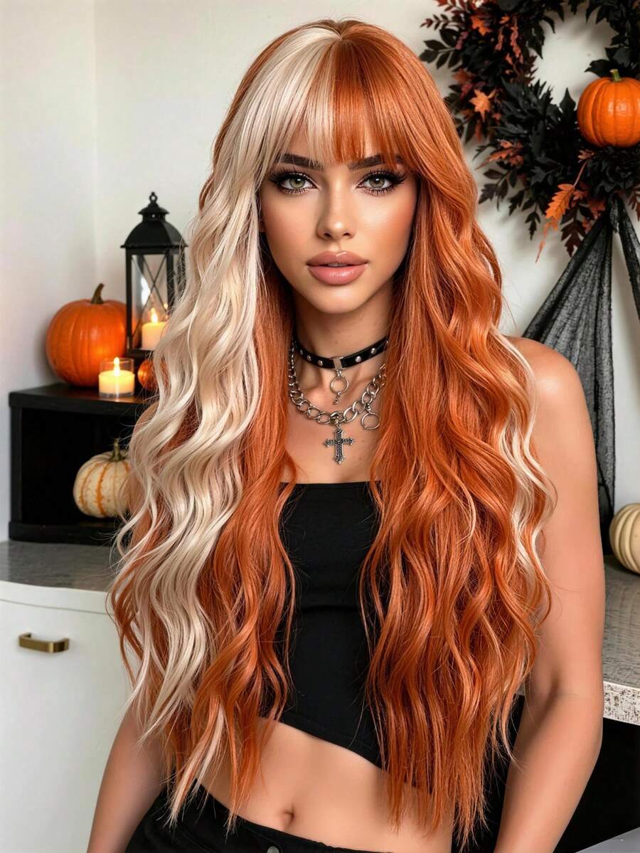 24 Inch Orange Blonde Ombre Highlight Wavy Wig With Air Bangs, Long Natural Curly Synthetic Hair Wig, High Temperature Resistant Glueless Design, Fashion Wigs For Women Daily Wear, Halloween Cosplay, Thanksgiving, Christmas Party & Holiday Gift - 亮橙色 - 查看 1