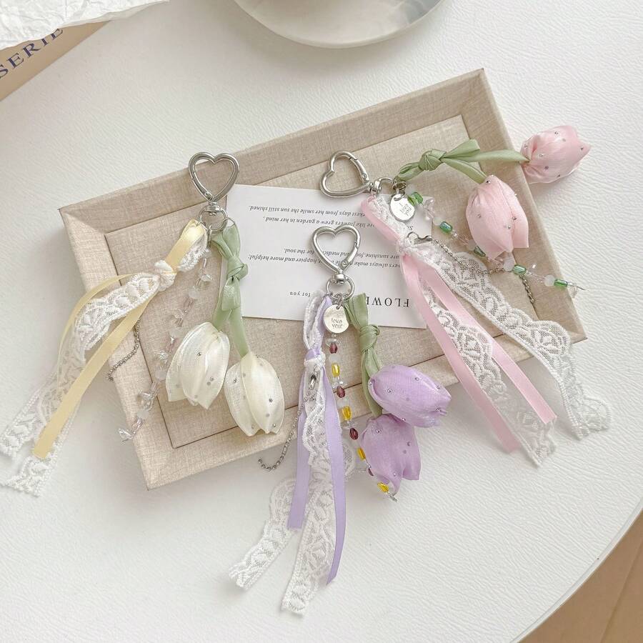 Elegant Tulip Lace Phone Charm, Korean Style Sweet Fresh Floral Keychain Bag Pendant Accessory - Multicolor - View 1