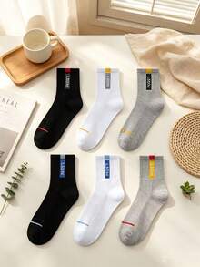 6 Pairs Japanese Minimalist Contrast Color Fabric Label Mid-Calf Socks, Thin Mesh Breathable Cotton Socks, Black White Gray Basic Casual Sports Socks For Men And Women - Multicolor - View 3
