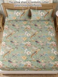 3pcs Flower And Bird Branch And Leaf Prints Fitted Sheet Set - Includes 1 Fitted Sheet & 2 Pillowcases, Soft Polyester With Nostalgic Pattern, Breathable & Machine Washable,VintageStyle ,FloralBedding ,RetroHome - Multicolor - View 4