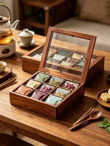 1pc Wooden 9 Grid Tea Bag Storage Box Divided Tea Packet Organizer Multi Compartment Tea Caddy For Kitchen Countertop Coffee Station Home Decor Housewarming Gift - Brown - View 7