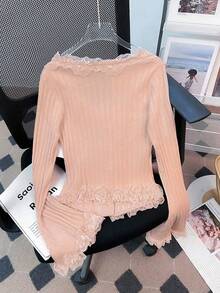 Women's Korean Style V-Neck Ruffle Lace Button-Front Top, Vertical Ribbed Elastic Waist Cropped Flare Sleeve Knit, Early Autumn, Photo Pink Fall - Pink - View 10
