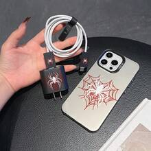 5件組活力黑白蜘蛛手機殼圖案 + 充電頭保護套 + 線材保護套 + 收納繩 TPU 防震保護殼，適用 Apple 17 16e 16 15 14 13 12 11 Pro Max Air X XR XSMAX 8 7 Plus，防震磨砂背蓋，智慧型手機保護殼，日常使用殼，時尚手機配件，創意設計，UV 列印設計，時尚保護殼，時尚愛好者，音樂愛好者，生日禮物首選 - 彩色 - 查看 5