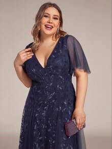Plus Size Elegant Luxury Charming Butterfly Sleeve Heavy Embroidery Floral Sequin Contrast Mesh Sparkling Formal Evening Gown For Dinner Party Wedding Guest - Purple - View 5