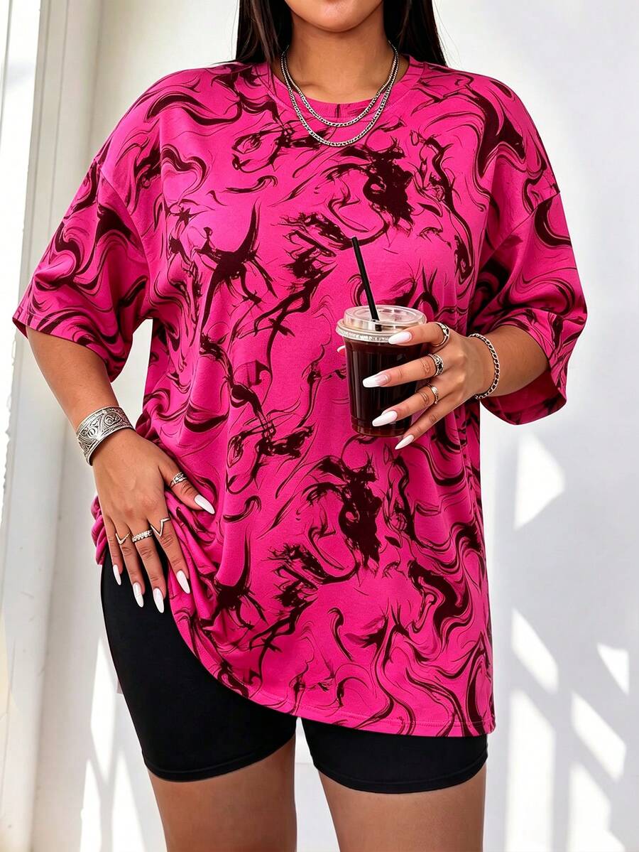 Speed mate Plus Size Women's Dark Pink Tie Dye T-Shirt,Summer Plus Size Colorful Round Neck Drop Shoulder Half Sleeves Knitted Fabric Patched Top - Rose Red - View 1