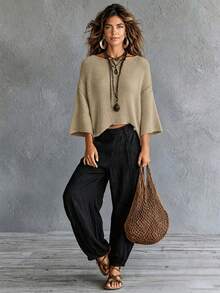 Women's Casual Rib-Knit Pullover Sweater Solid Color Boat Neck Three-Quarter Sleeves Drop Shoulder Knit Top - Khaki - View 9