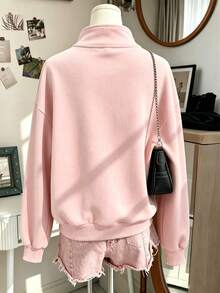 Fashionable Pink Long Sleeve Zip-Up Sweatshirt, Suitable For Teen Girl, Loose Fit, Heart And Letter Pattern Print - Pink - View 3