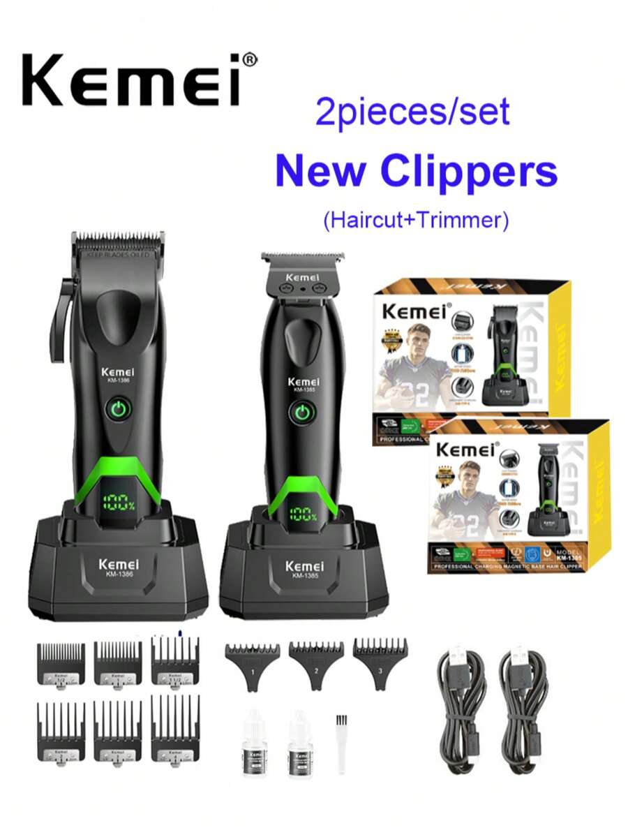 Kemei 2件組專業男士理髮器套組，陶瓷刀片理髮器與修剪器附充電底座 KM-1386, 1385
